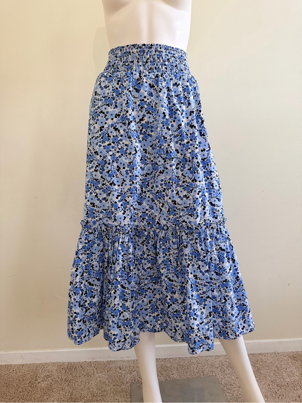 Tommy Hilfiger Light Blue Floral Tiered Smocked Midi Skirt